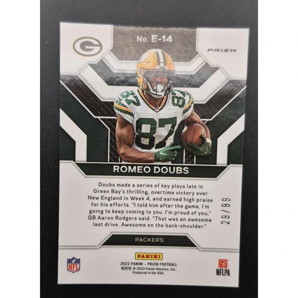 2022‎ Panini Prizm Romeo Doubs #E-14 Emergent Blue Ice Prizm /99 (RC) Packers